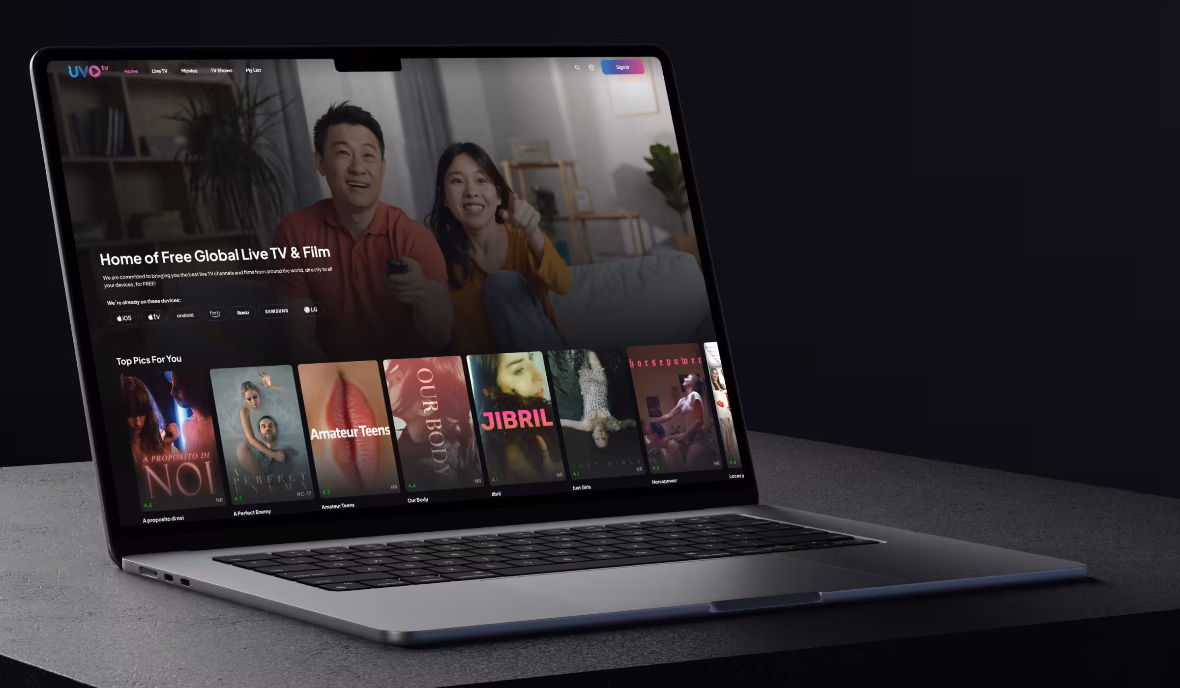 Streaming service web design on a laptop